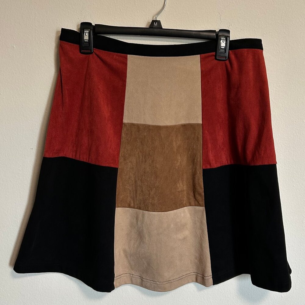 Cupio Sz M Suede Feel Red Black Tan Skater Colorblock Mini Skirt EUC